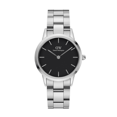 Daniel Wellington Iconic Link watch with a silver stainless steel adjustable bracelet and a minimalist black dial, designed for versatile everyday wear.