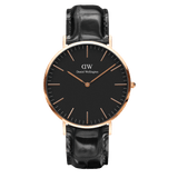 Classic Reading Black Rose Gold watch with a black croc-embossed leather strap, minimalist black dial, and slim rose gold case, blending modern elegance with timeless style.
