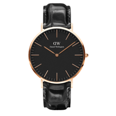 Classic Reading Black Rose Gold watch with a black croc-embossed leather strap, minimalist black dial, and slim rose gold case, blending modern elegance with timeless style.