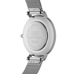 The back view of the Petite Lumine Pressed Sterling highlights its stainless steel case, engraved branding, and adjustable pressed mesh strap, showcasing the watch’s durable construction and attention to detail.