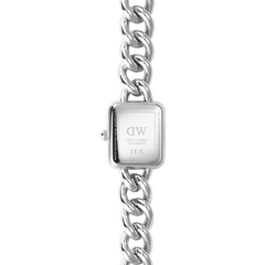 Detailed view of the back of the Jolie Chain Silver ladies watch, highlighting the engraved stainless steel case, chunky silver chain bracelet, and secure screw-down crown.