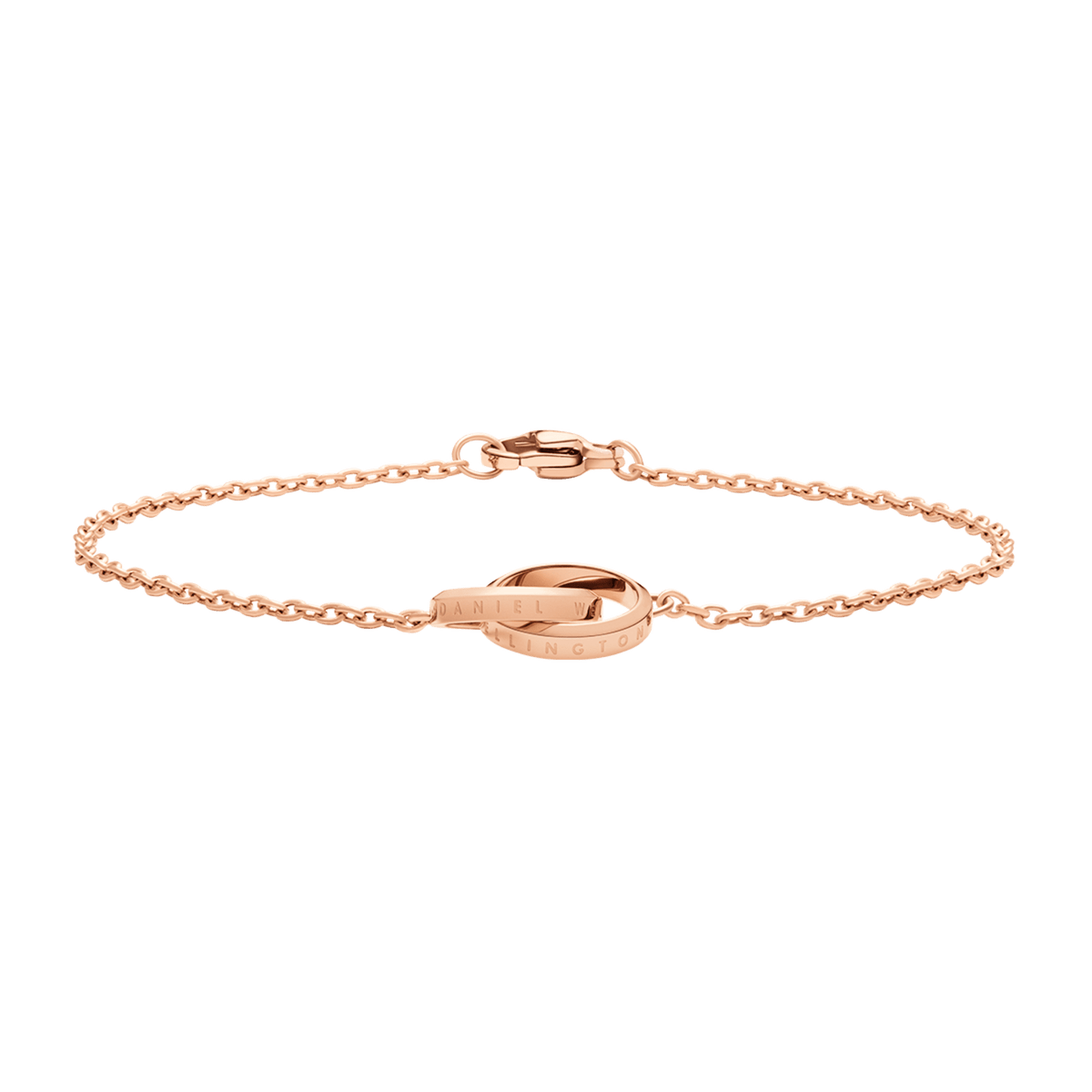 Minimalist Elan Unity Bracelet Rose Gold with two engraved interlocking rings and a delicate rose gold chain, designed for versatile styling and comfortable fit.
