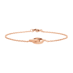 Minimalist Elan Unity Bracelet Rose Gold with two engraved interlocking rings and a delicate rose gold chain, designed for versatile styling and comfortable fit.