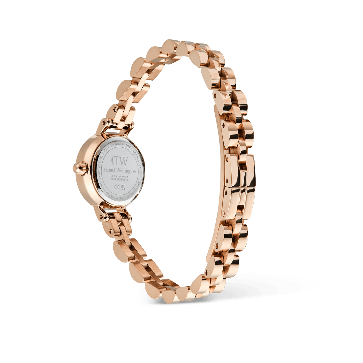 Rear view of the Petite Mini Arch 3-link White Rose Gold watch, highlighting the polished rose gold stainless steel bracelet, butterfly clasp, and engraved case back for a refined and durable finish.
