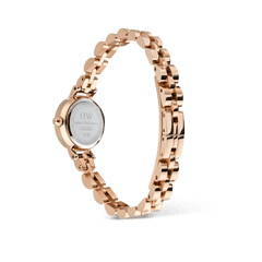 Rear view of the Petite Mini Arch 3-link White Rose Gold watch, highlighting the polished rose gold stainless steel bracelet, butterfly clasp, and engraved case back for a refined and durable finish.