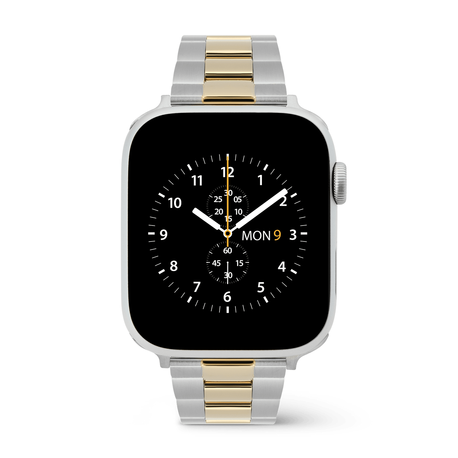 Apple Watch with the Smartwatch Iconic Link two-tone strap, showcasing polished gold centre links and brushed silver outer links in a modern, classic 3-link style.
