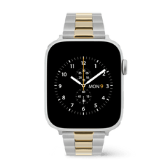 Apple Watch with the Smartwatch Iconic Link two-tone strap, showcasing polished gold centre links and brushed silver outer links in a modern, classic 3-link style.