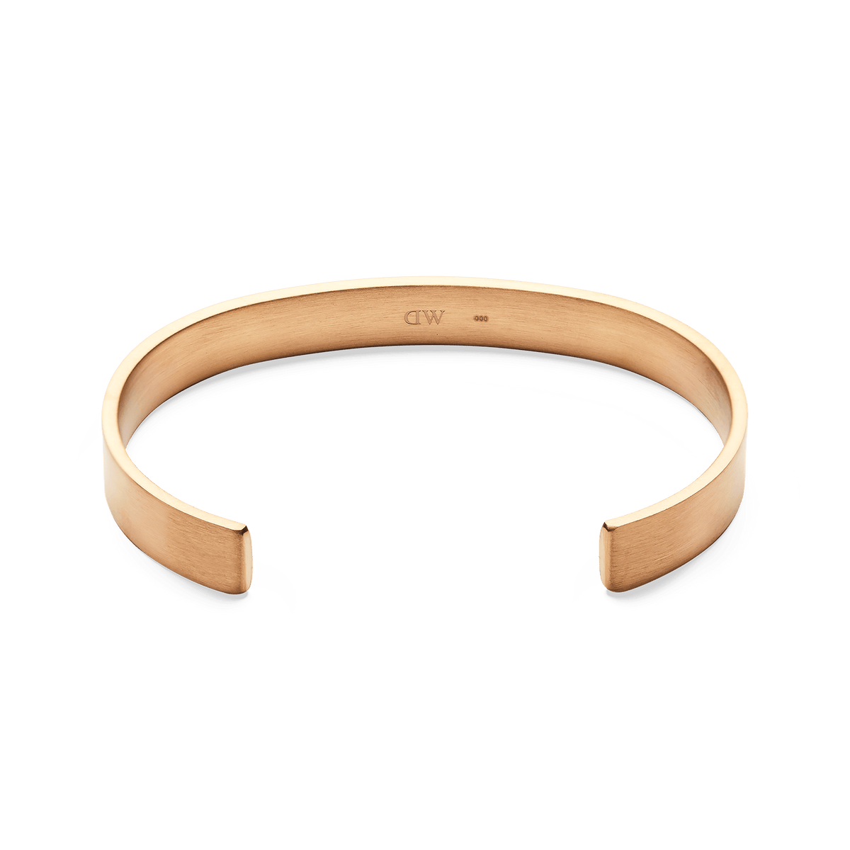 Line Cuff Brushed Rose Gold bracelet featuring a brushed rose gold finish, slim open cuff design, and smooth inner surface with a discreet logo detail, ideal for layering with other jewellery.