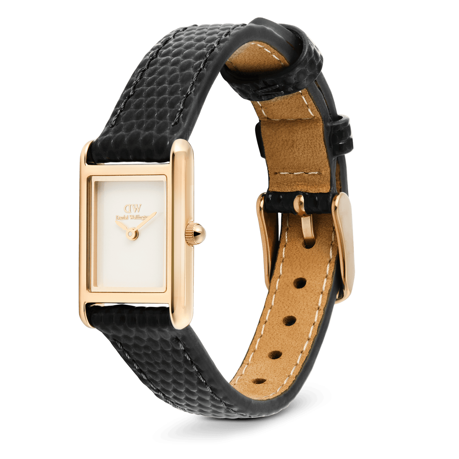 Daniel Wellington Bound Mini Black Lizard Rose Gold watch with a slim rectangular rose gold case, minimalist white dial, and adjustable black lizard grain leather strap, shown at an angle to highlight its elegant design and pin buckle closure.