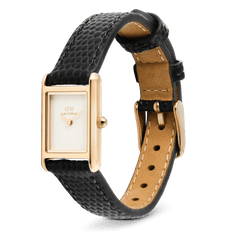 Daniel Wellington Bound Mini Black Lizard Rose Gold watch with a slim rectangular rose gold case, minimalist white dial, and adjustable black lizard grain leather strap, shown at an angle to highlight its elegant design and pin buckle closure.