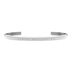 Minimalist Classic Bracelet Silver by Daniel Wellington, featuring a slim open cuff design in polished stainless steel with engraved branding, suitable for both men and women.