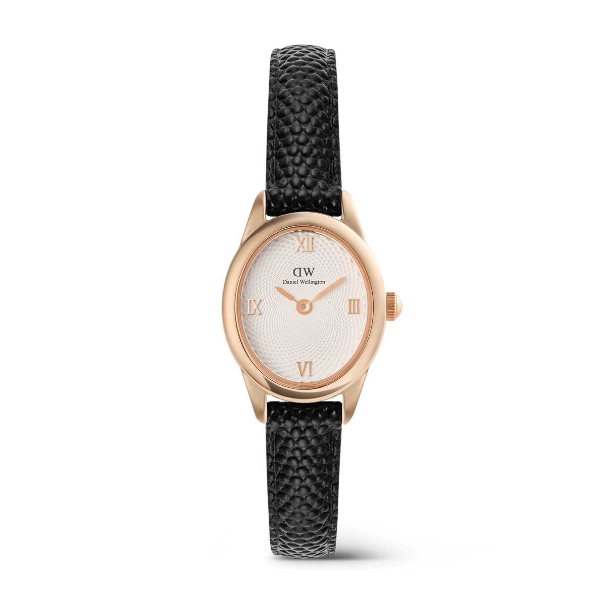 Petite rose gold ladies watch with a white guilloché dial, Roman numerals, and a black lizard-embossed genuine leather strap, showcasing a refined and minimalist design.