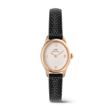 Petite rose gold ladies watch with a white guilloché dial, Roman numerals, and a black lizard-embossed genuine leather strap, showcasing a refined and minimalist design.