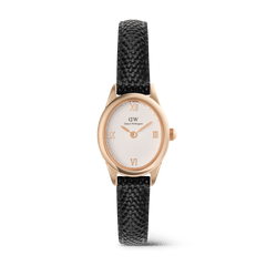 Petite rose gold ladies watch with a white guilloché dial, Roman numerals, and a black lizard-embossed genuine leather strap, showcasing a refined and minimalist design.