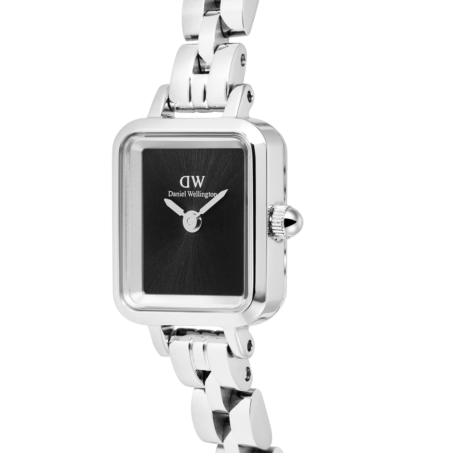 Close-up of the Quadro Mini Arch 3-link Onyx Sunray Silver showing the polished rectangular silver case, minimalist black sunray dial, and slim three-link stainless steel bracelet.