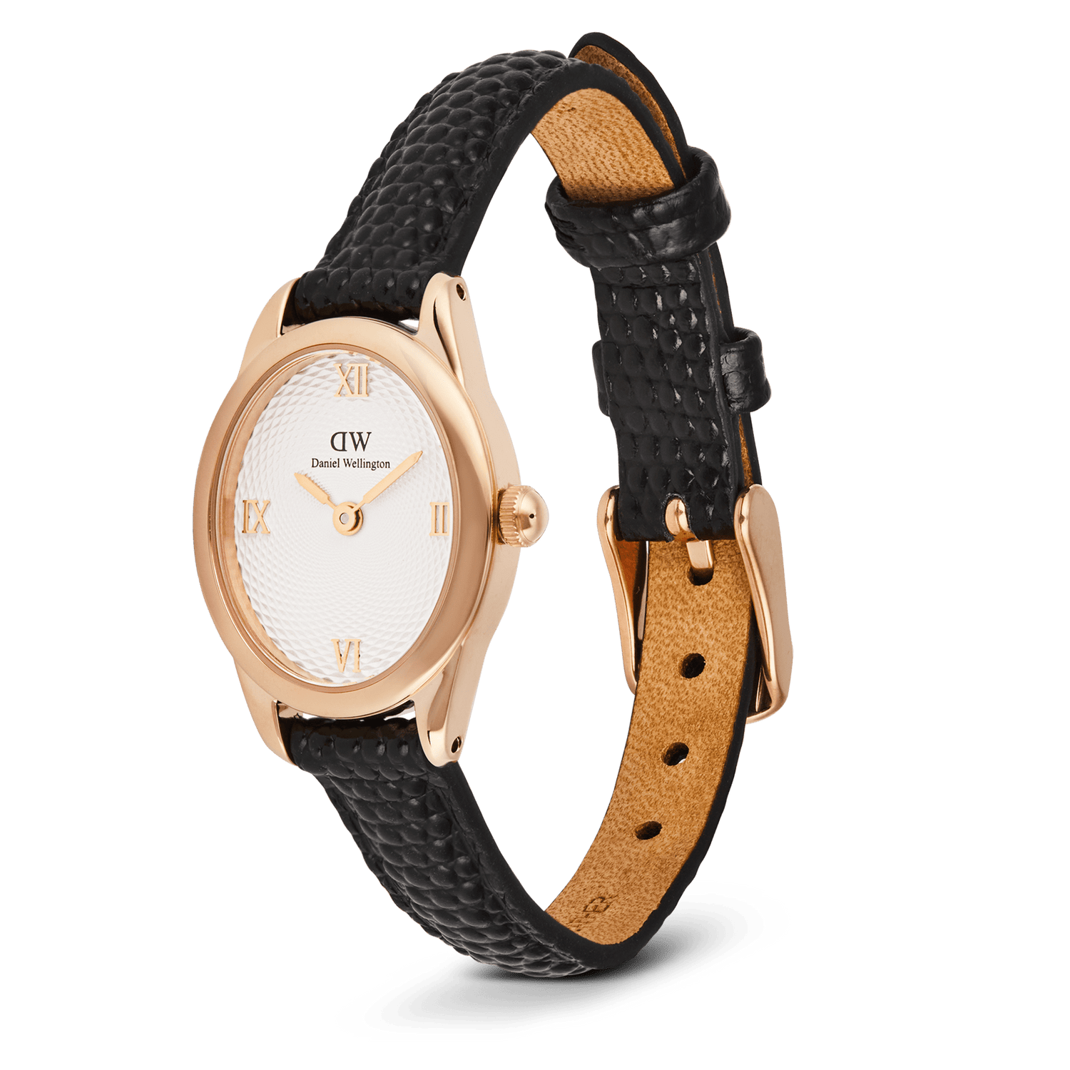 Ophelia Mini Black Lizard White Guilloché Rose Gold watch with a petite oval rose gold case, white guilloché dial, Roman numerals, and a black lizard-embossed genuine leather strap with pin buckle closure.