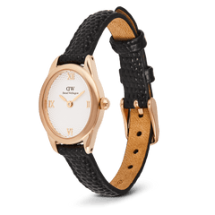 Ophelia Mini Black Lizard White Guilloché Rose Gold watch with a petite oval rose gold case, white guilloché dial, Roman numerals, and a black lizard-embossed genuine leather strap with pin buckle closure.