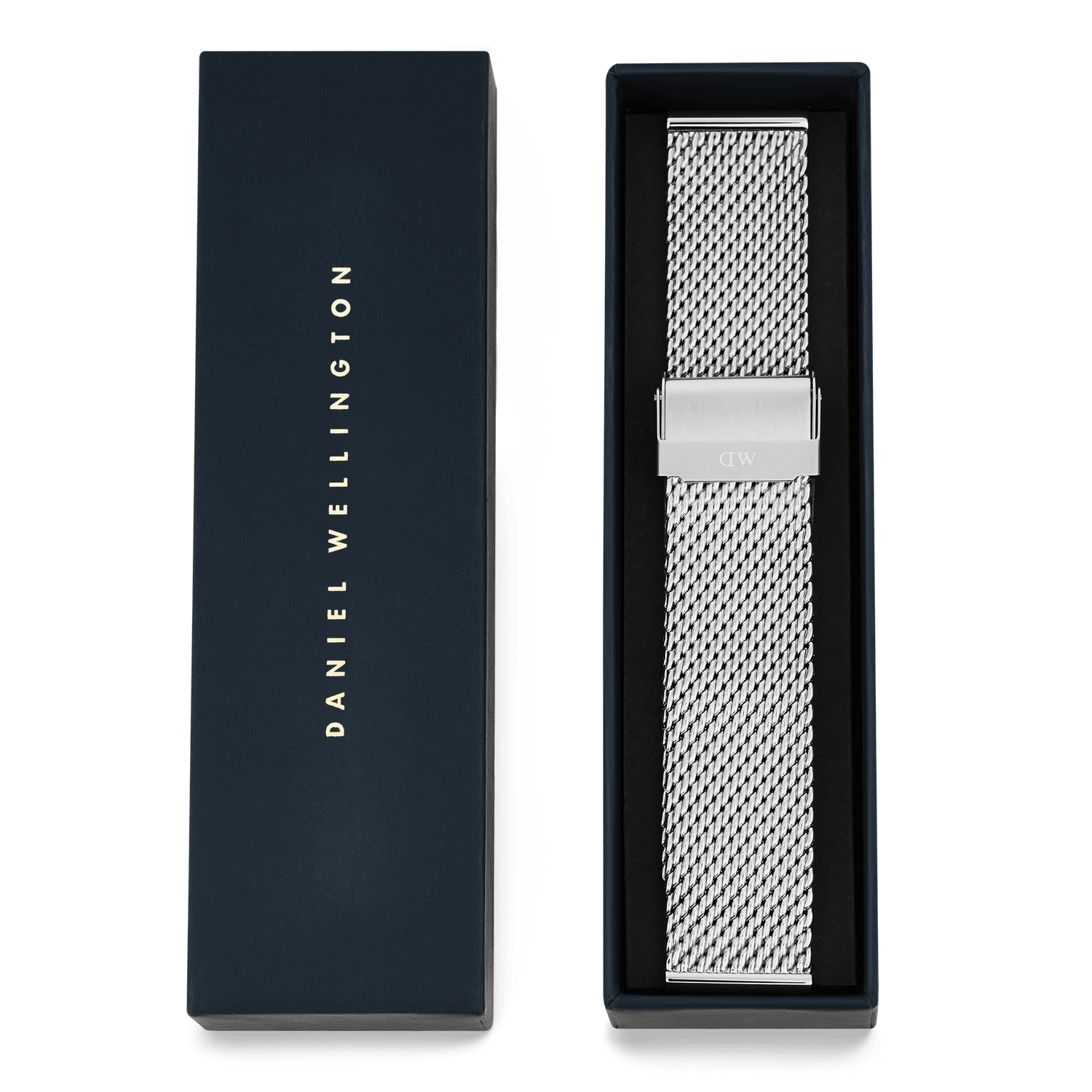 Mesh Sterling Strap Silver displayed in a premium gift box, featuring a polished stainless steel mesh design and secure fold-over clasp, perfect for upgrading your watch or gifting.