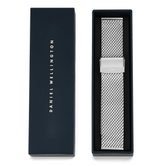 Mesh Sterling Strap Silver displayed in a premium gift box, featuring a polished stainless steel mesh design and secure fold-over clasp, perfect for upgrading your watch or gifting.