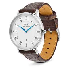 Classic Roman Numerals Date Dark Brown Croc Belly Silver watch featuring a 40mm stainless steel case, white dial with black Roman numerals, blue hands, date display, and a dark brown crocodile-embossed genuine leather strap with a pin buckle closure.