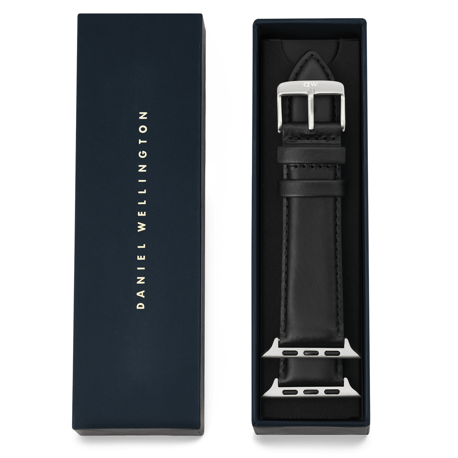 Smartwatch Leather Strap Sheffield Silver presented in a Daniel Wellington gift box, featuring smooth black Sheffield leather, subtle stitching, and a polished silver pin buckle with Apple Watch connectors.