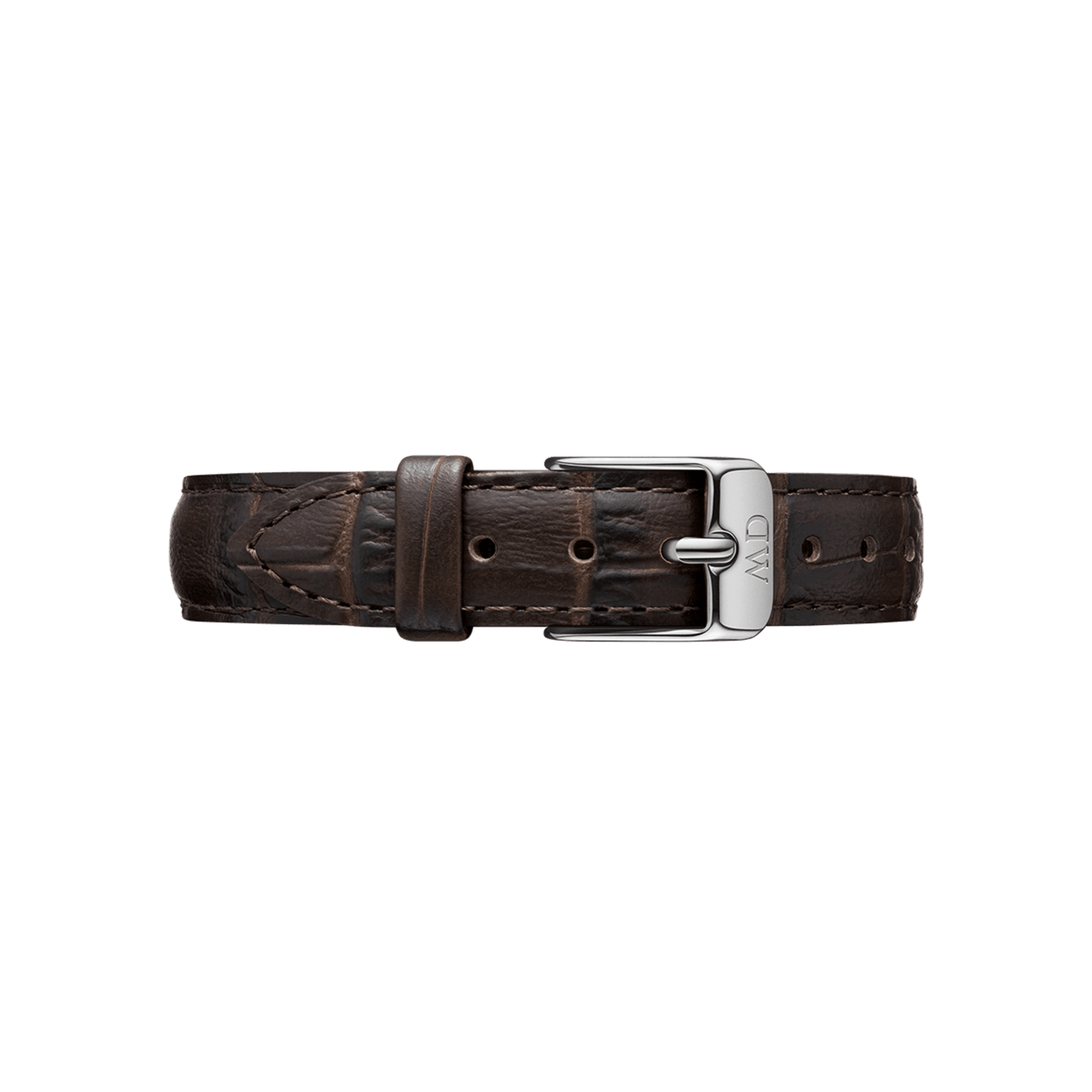 York Strap Silver featuring deep brown, crocodile-embossed genuine leather with detailed stitching and a polished silver buckle, shown in a flat lay to highlight its refined texture and adjustable design.