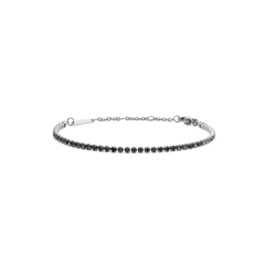 Slim silver tennis bracelet featuring a row of deep, dark Preciosa crystals set in polished stainless steel, with an adjustable chain and secure lobster clasp for a comfortable fit.