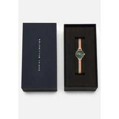 Petite Mini Emerald Melrose watch with an emerald green dial and rose gold mesh strap, elegantly presented in a black Daniel Wellington gift box.