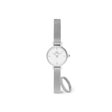 Silver Daniel Wellington Petite Mini mesh strap watch with a crisp white dial, paired with a pavé crystal ring featuring sparkling stones, both displayed against a plain background.