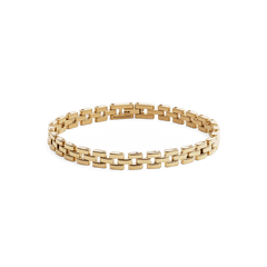 Gold 3-link bracelet with a geometric design, featuring polished rectangular links and a fold-over clasp, crafted from stainless steel with a smooth PVD gold finish.