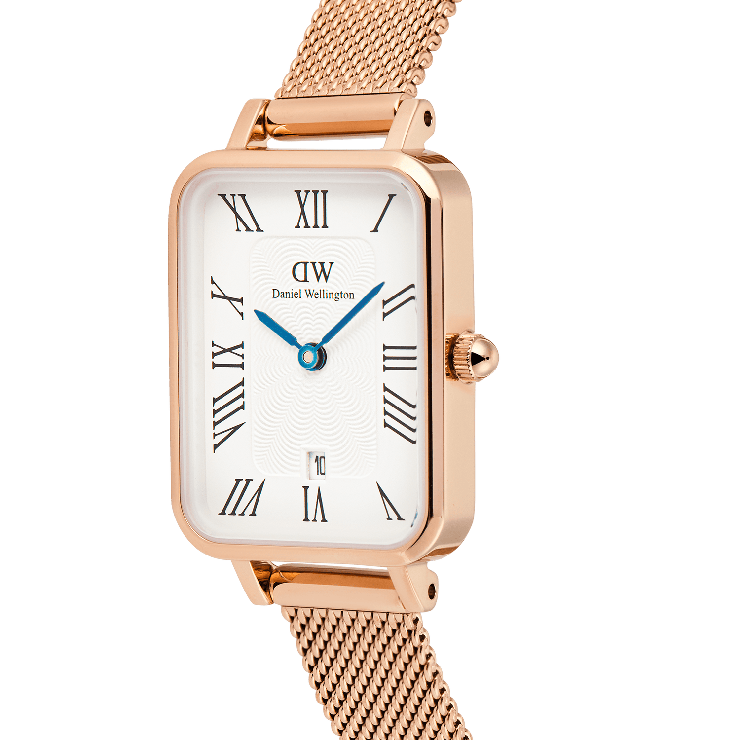 Quadro Melrose Roman Numerals Date watch featuring a rose gold rectangular case, white dial with Roman numerals, blue hands, and a rose gold mesh strap, shown in close-up to highlight its elegant details.
