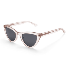 Lynx Bio-Acetate Clear Pink/Black sunglasses with a transparent pink cat eye frame and dark black nylon lenses, featuring subtle branding on the arms and a lightweight, comfortable design.