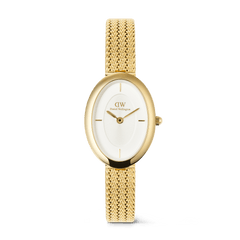 Juliette Braided Mesh White Sunray Gold ladies watch featuring a petite oval gold case, minimalist white sunray dial, and vintage-inspired braided mesh gold strap.
