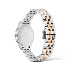 Rear view of the Daniel Wellington Ophelia Mini Two Tone Rose Gold watch, showing the engraved stainless steel case back and the adjustable five-link bracelet in polished rose gold and silver.