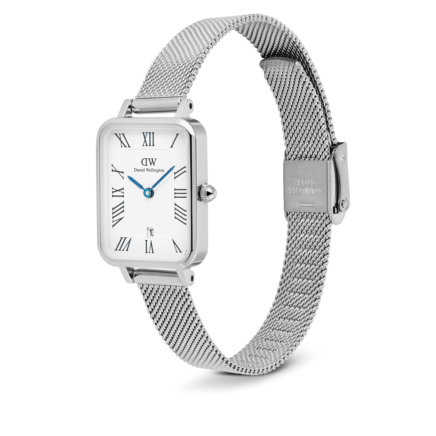 Quadro Sterling Roman Numerals Date ladies watch featuring a rectangular stainless steel case, white dial with Roman numerals, blue hands, date window at 6 o’clock, and an adjustable silver mesh strap.