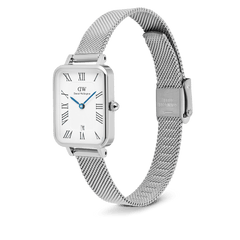 Quadro Sterling Roman Numerals Date ladies watch featuring a rectangular stainless steel case, white dial with Roman numerals, blue hands, date window at 6 o’clock, and an adjustable silver mesh strap.