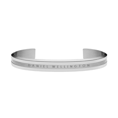 Classic Elan Bracelet Silver in stainless steel with a brushed and polished finish, featuring a subtle Daniel Wellington logo engraved on the front and a slim, open cuff design.