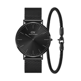 Classic and Tide Mesh Ashfield Set featuring a black mesh strap watch with a minimalist black dial, paired with a matching black mesh bracelet for a coordinated, modern look.