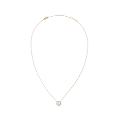 Gold necklace with a fine adjustable chain featuring a round mother of pearl pendant, surrounded by a halo of white cubic zirconia crystals.