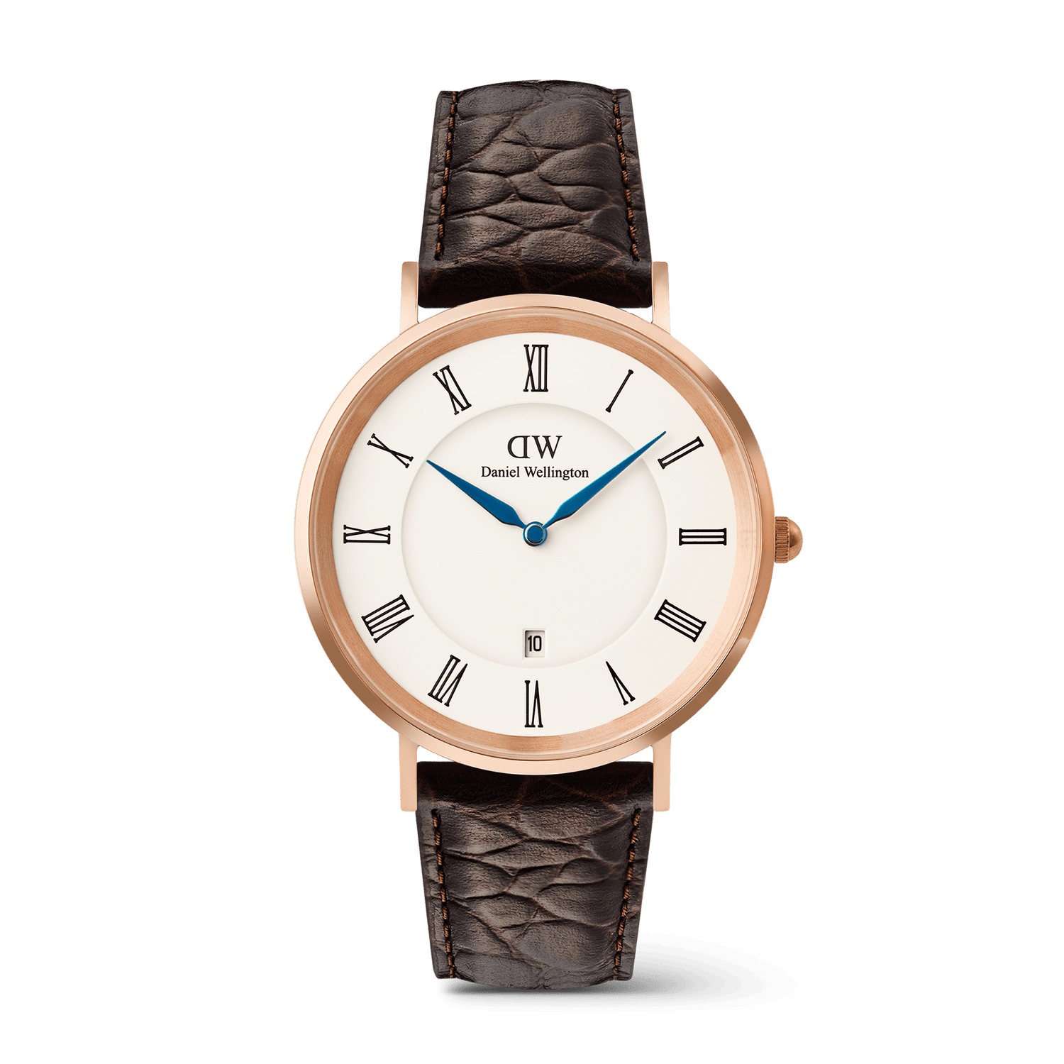 Classic Roman Numerals Date Dark Brown Croc Belly Rose Gold men’s watch featuring a white dial with Roman numerals, blue hands, rose gold case, and a dark brown croc-embossed leather strap.