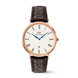 Classic Roman Numerals Date Dark Brown Croc Belly Rose Gold men’s watch featuring a white dial with Roman numerals, blue hands, rose gold case, and a dark brown croc-embossed leather strap.