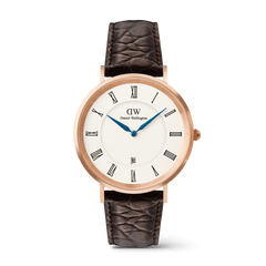 Classic Roman Numerals Date Dark Brown Croc Belly Rose Gold men’s watch featuring a white dial with Roman numerals, blue hands, rose gold case, and a dark brown croc-embossed leather strap.