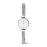 Petite Mini Sterling silver watch with a 19mm round dial, minimalist white face, and slim adjustable mesh strap, designed for women seeking a refined and versatile everyday accessory.