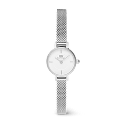 Petite Mini Sterling silver watch with a 19mm round dial, minimalist white face, and slim adjustable mesh strap, designed for women seeking a refined and versatile everyday accessory.