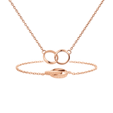 Rose gold bracelet and necklace set featuring interlocking circle motifs, crafted in a minimalist style with subtle engraved branding, ideal for layering or gifting.