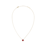 Gold necklace with a fine adjustable chain, featuring a domed red agate pendant surrounded by a halo of white cubic zirconia crystals. The elegant design highlights the vibrant red stone and polished gold finish.