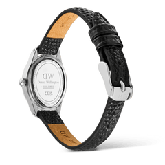 Rear view of the Ophelia Mini Black Lizard White Guilloché Silver watch, highlighting the polished silver case back, engraved branding, and adjustable black lizard-embossed leather strap with pin buckle.