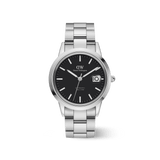 Daniel Wellington Iconic Link Automatic watch with a black dial, luminous hour markers, and a magnified date window, set in a polished stainless steel bracelet and 40mm case.