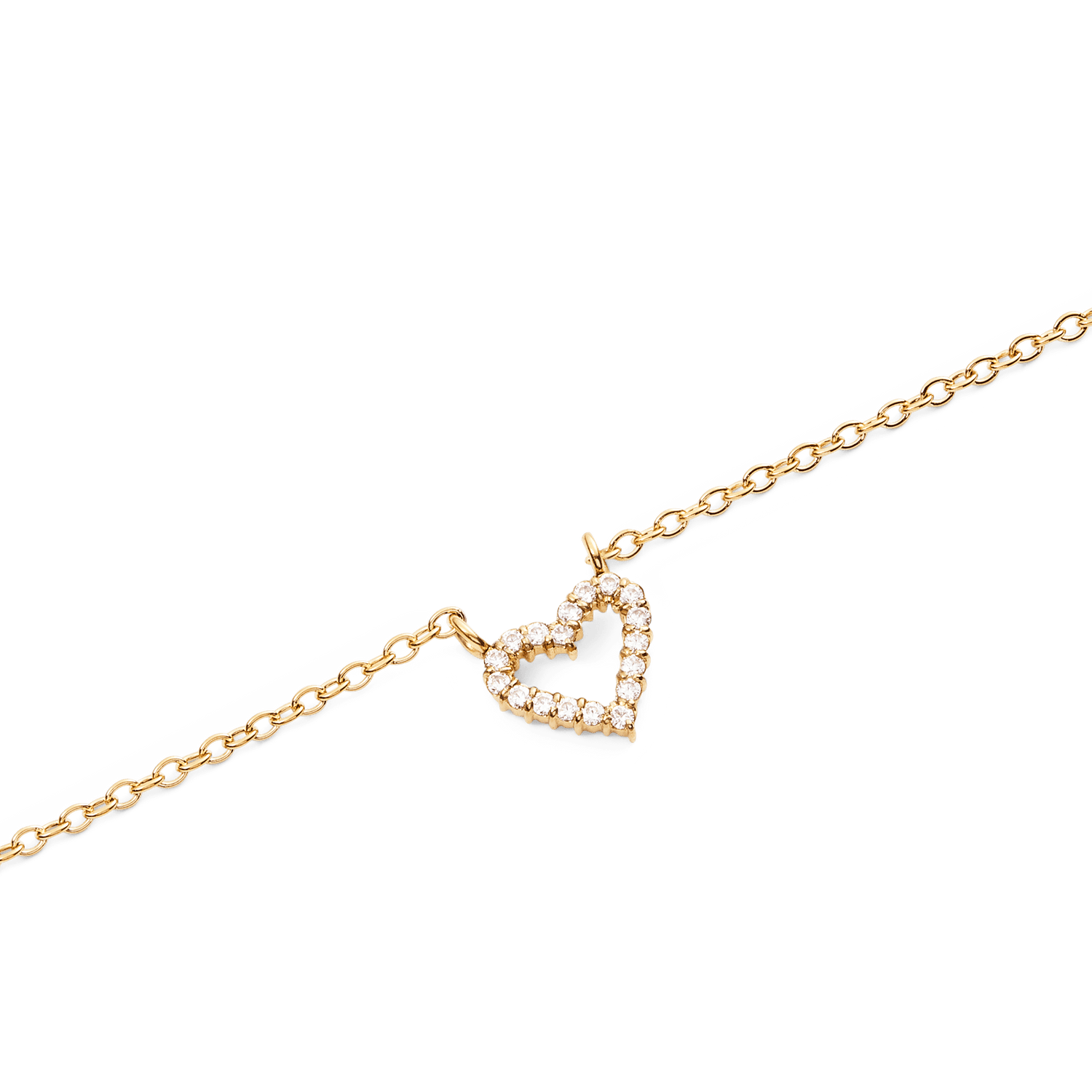 Close-up of the Mirelle Heart Necklace Gold showing a fine gold chain and an open heart pendant adorned with sparkling white cubic zirconia crystals.