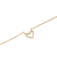 Close-up of the Mirelle Heart Necklace Gold showing a fine gold chain and an open heart pendant adorned with sparkling white cubic zirconia crystals.